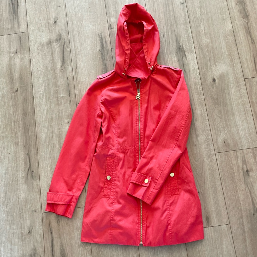 Michael Kors Coral Long Rain Coat Women’s XS Gold Zip Up Jacket Hooded Red